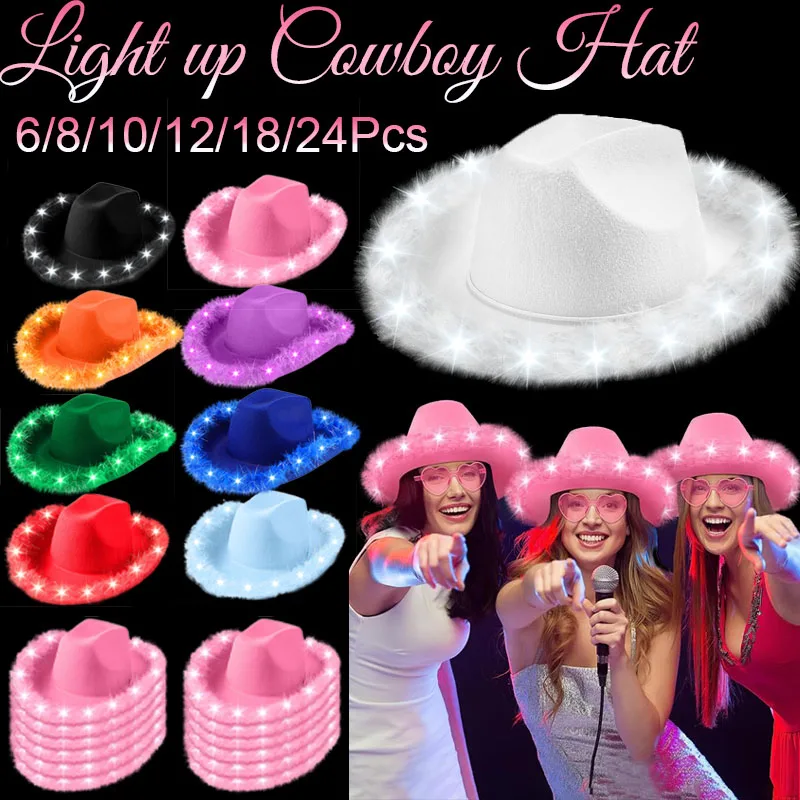 6-24 Set Light up Cowboy Hat LED Cowgirl Hat with Feather for Wedding