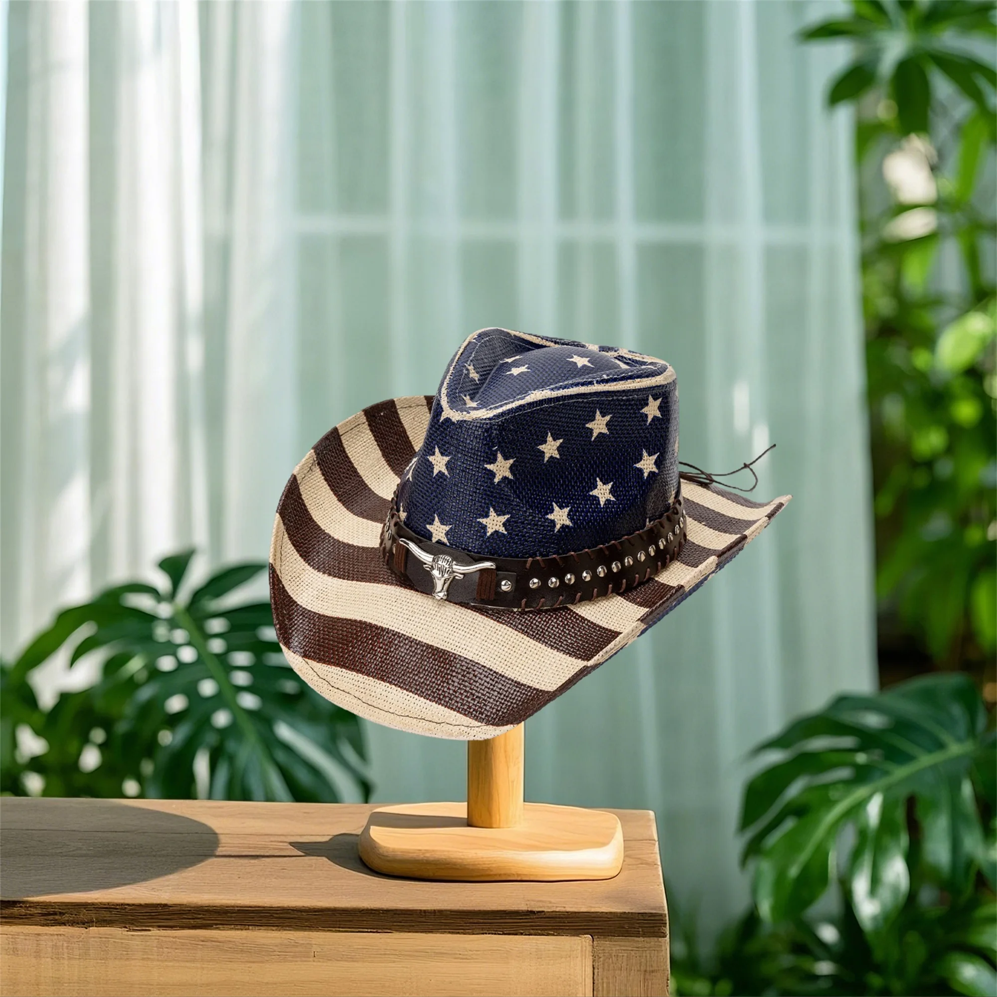 American Flag Cowboy Hat for Women Men Patriotic Western Cap with Bull Head Belt and Wide Brim Perfect for 4th of July Party - Image 3