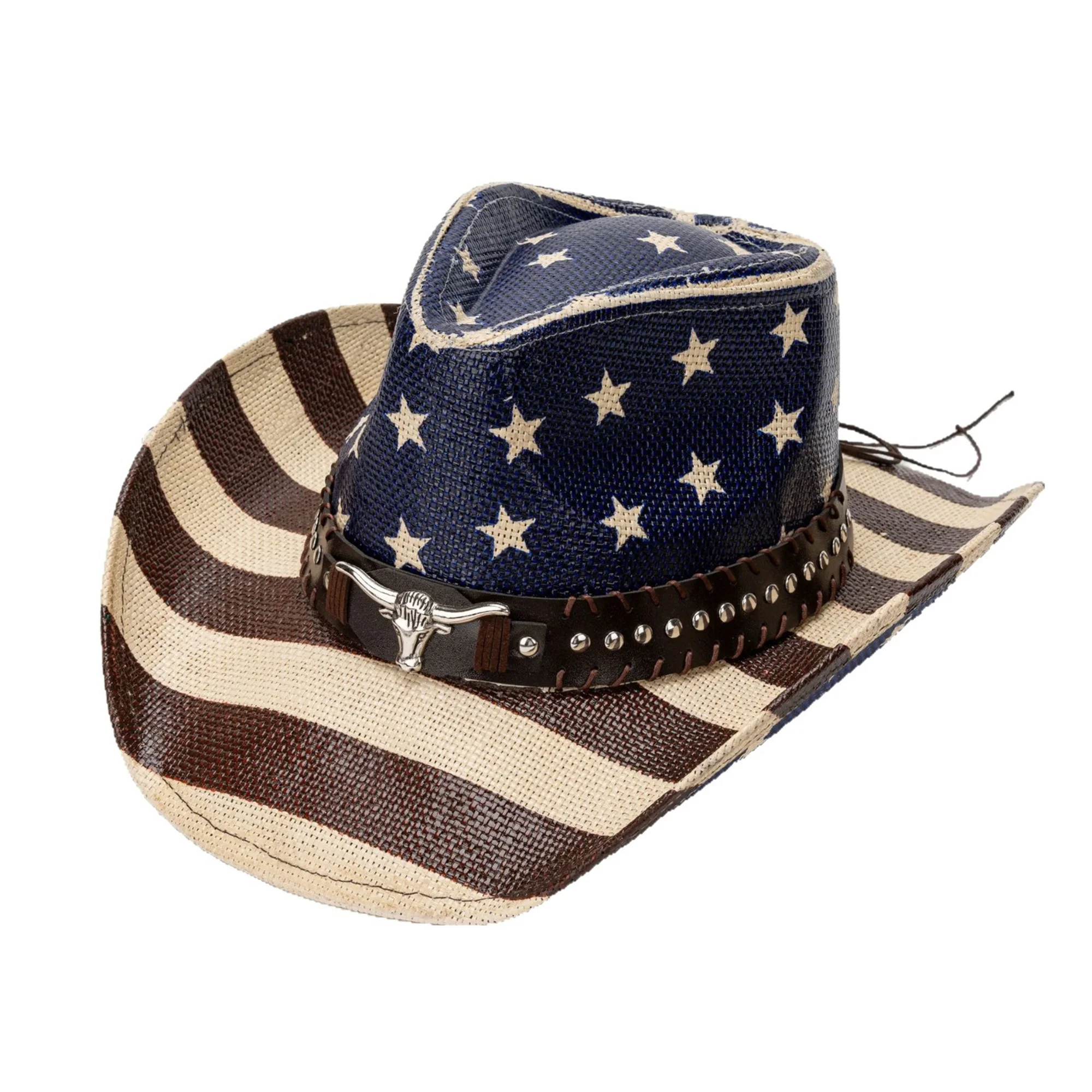 American Flag Cowboy Hat for Women Men Patriotic Western Cap with Bull Head Belt and Wide Brim Perfect for 4th of July Party - Image 6