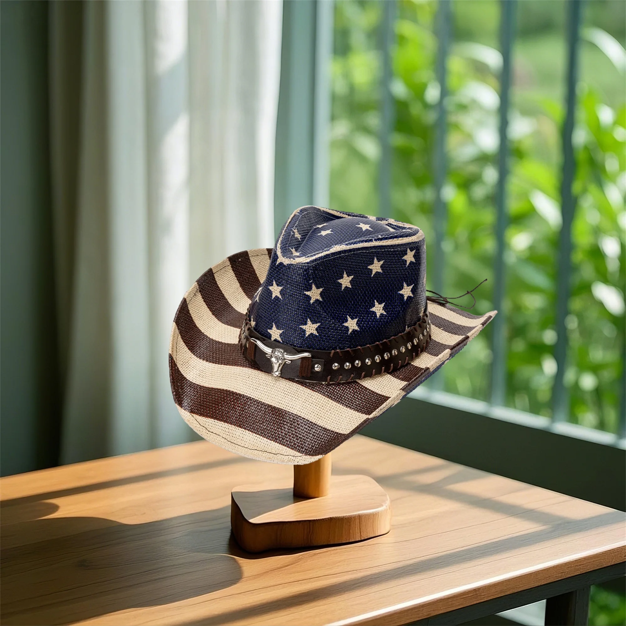 American Flag Cowboy Hat for Women Men Patriotic Western Cap with Bull Head Belt and Wide Brim Perfect for 4th of July Party - Image 2