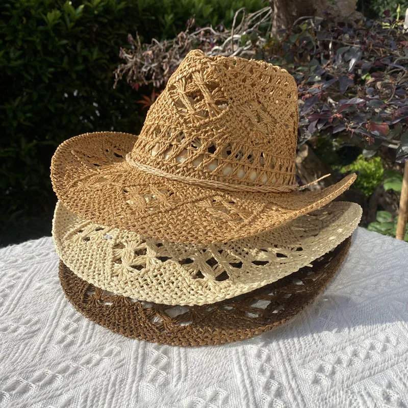 Straw Cowboy Hat for Women Men Summer Handmade Classic Vintage Hollow Out  Western Curled Wide Brim Sun Hat Fishing Hat Climbing Cap