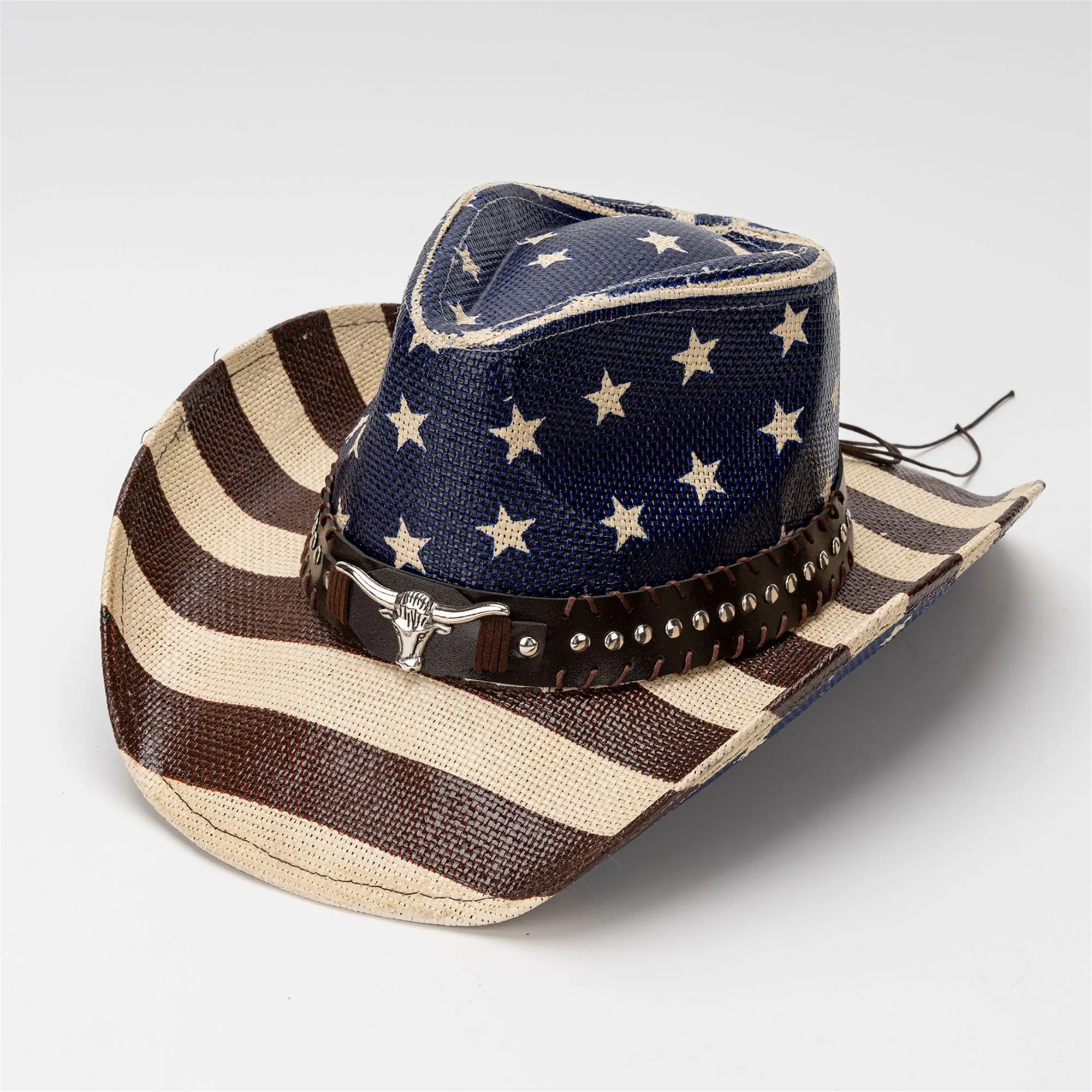 American Flag Cowboy Hat for Women Men Patriotic Western Cap with Bull Head Belt and Wide Brim Perfect for 4th of July Party