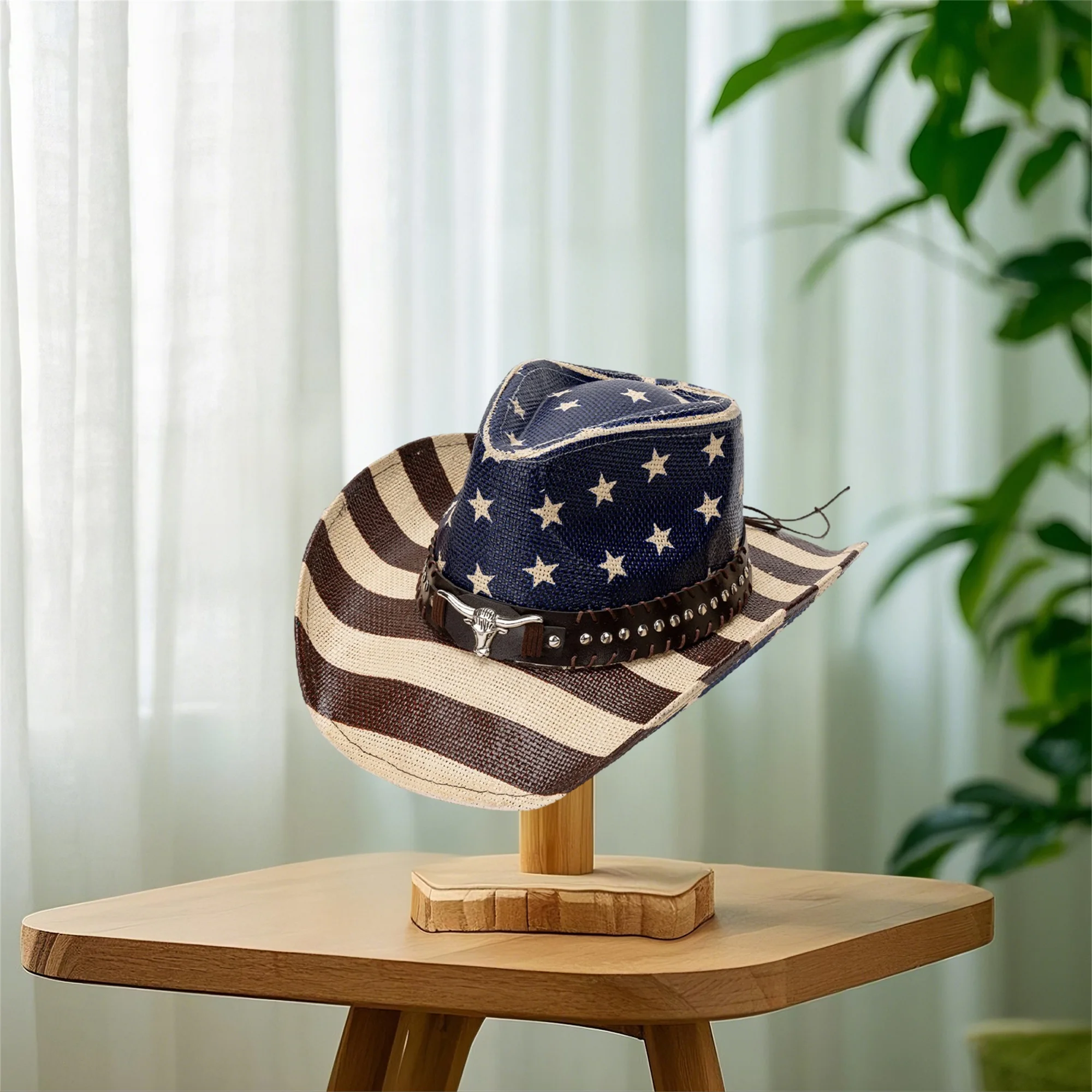 American Flag Cowboy Hat for Women Men Patriotic Western Cap with Bull Head Belt and Wide Brim Perfect for 4th of July Party - Image 4